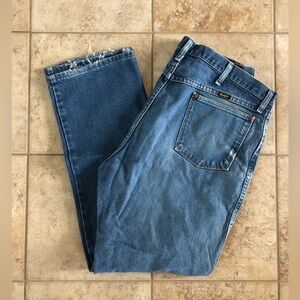 Wrangler Straight Leg Baby Blue Denim Distressed Jeans Retro Cowboy Western